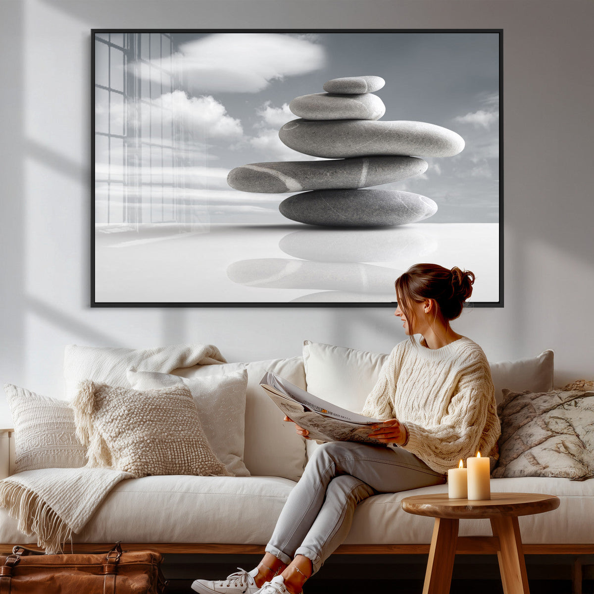 Zen Stone Wall Art Canvas Print, Balanced Rock Stack Framed