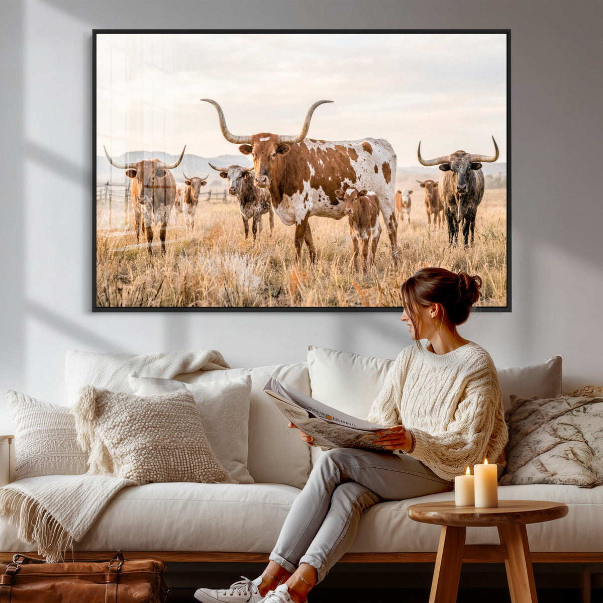 Texas Longhorn Canvas Wall Art, Rustic Farm Animal Photography Print, Farmhouse Country Decor, Western Ranch Art