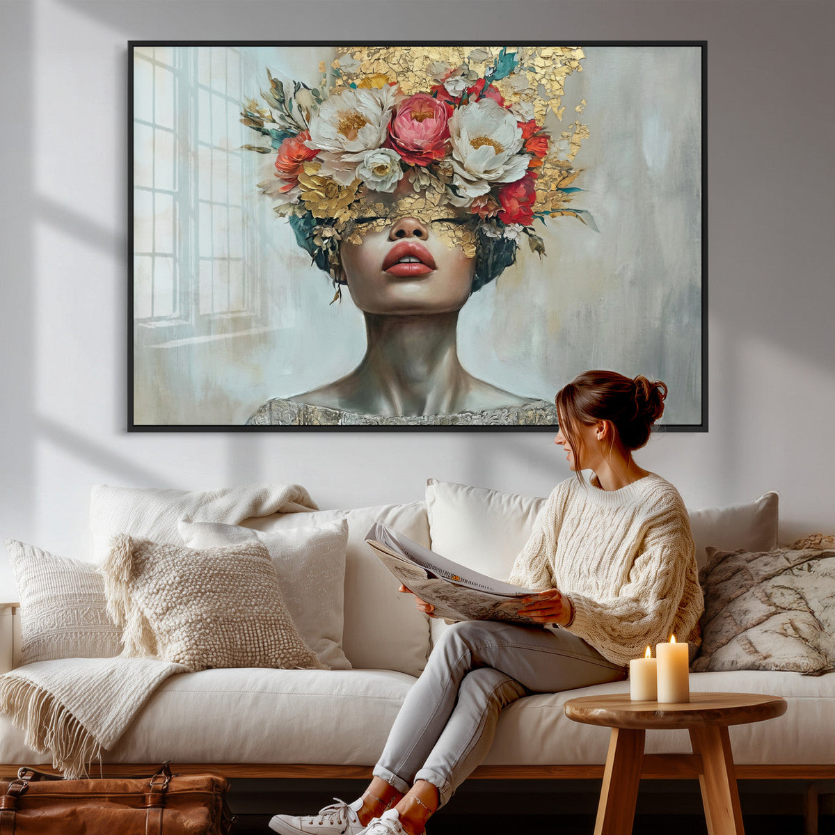 Golden Petal Wall Art Canvas Print - Silhouette Woman Wall