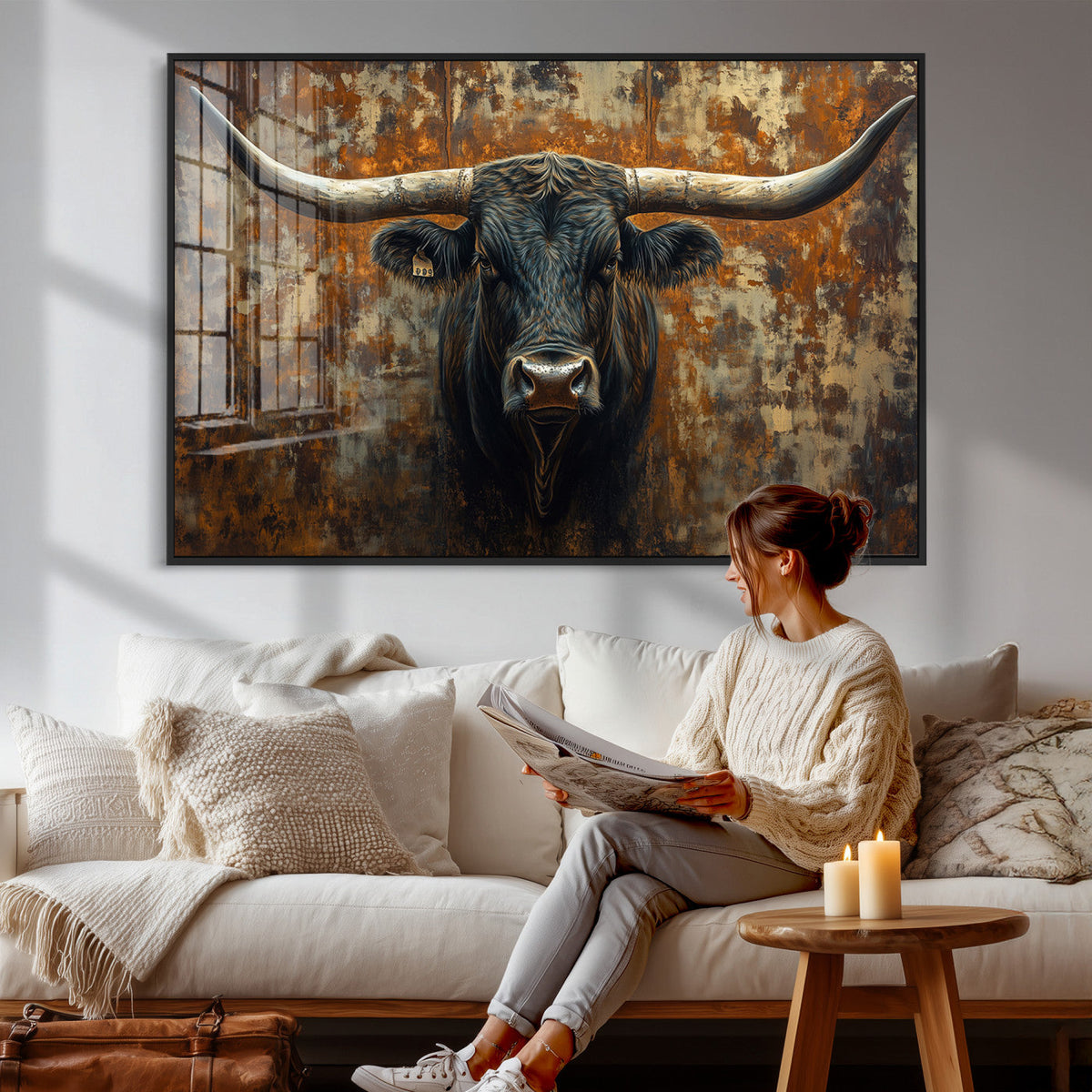 Longhorn Texas Cow Bull Wall Art | Rustic Farmhouse Canvas