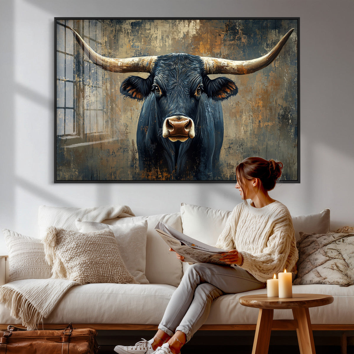 Texas Western Wall Art Canvas Print - Abstract Cow Longhorn