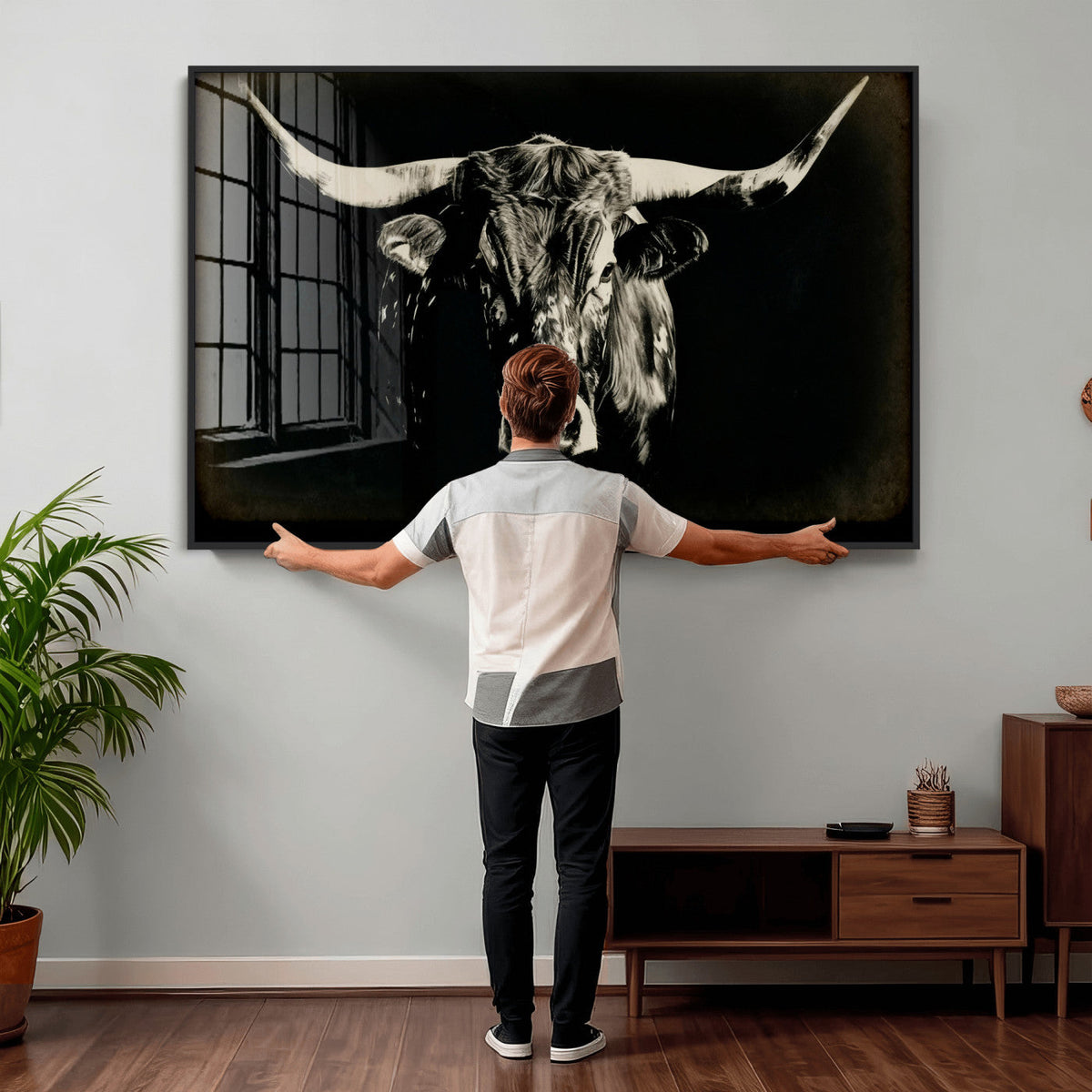 Black Bull Wall Art Canvas Print, Texas Longhorn Portrait