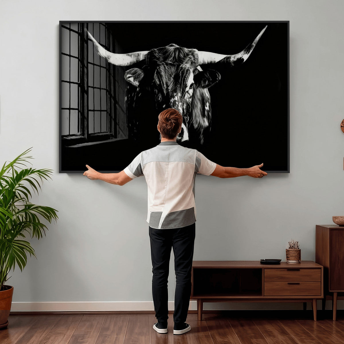 Black Bull Wall Art Canvas Print, Dark Longhorn Portrait