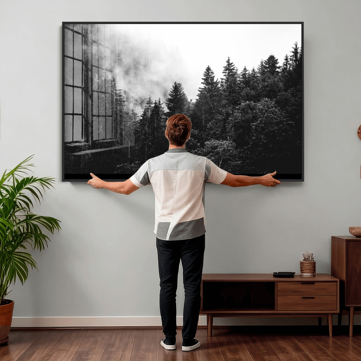 Black White Forest Wall Art Canvas Print, Misty Pine Tree