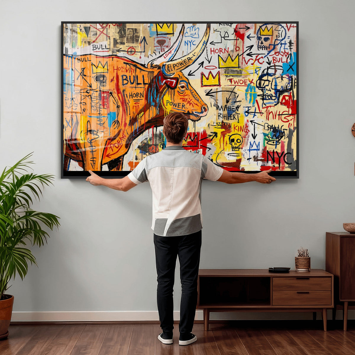 Basquiat Style Bull Graffiti Wall Art Canvas Print, Street