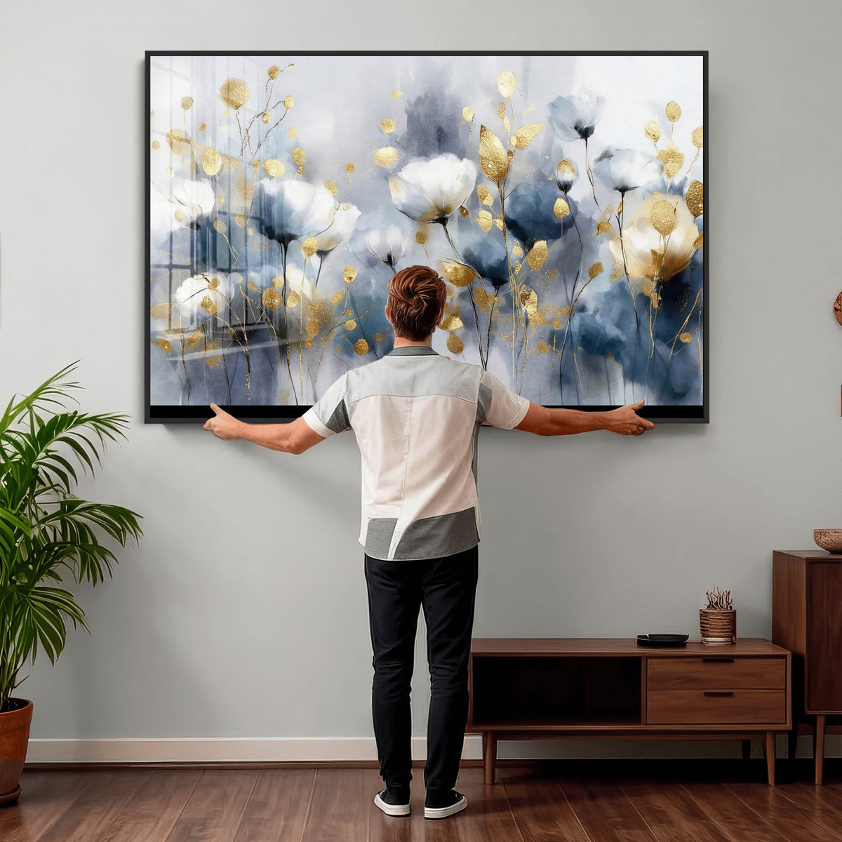 Large Abstract Flowers Wall Art Canvas Print – Gold and Blue