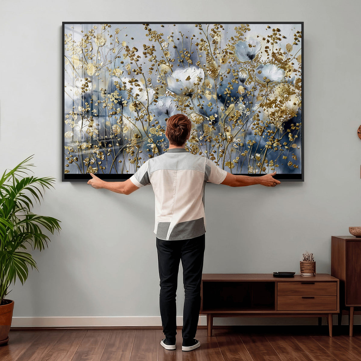 Abstract Floral Wall Art Canvas Print – Gold and Blue