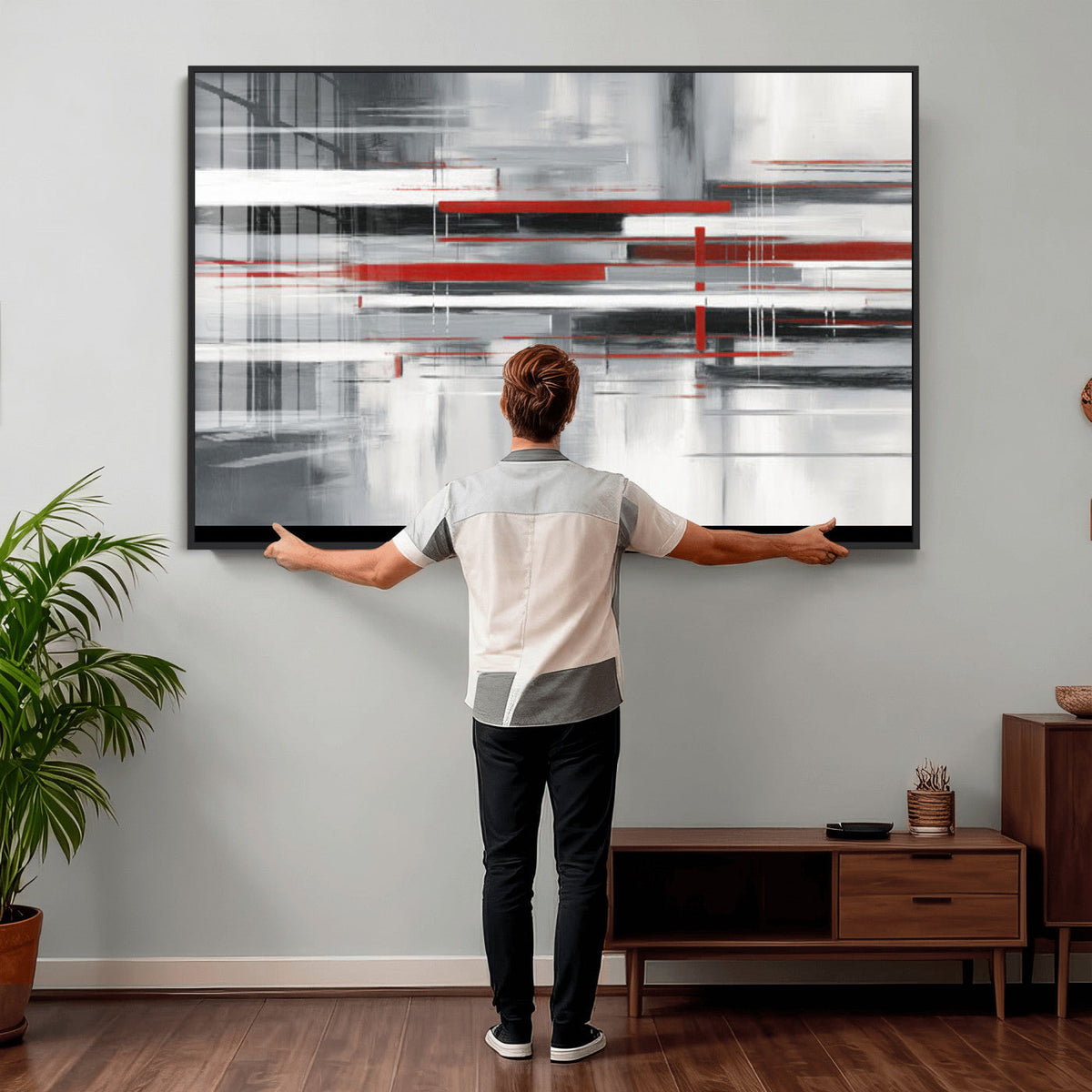 Gray Red Abstract Wall Art Canvas Print, Modern Abstract