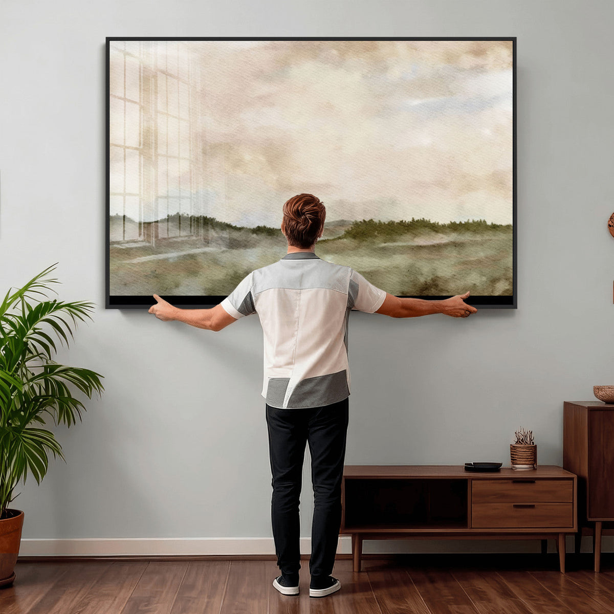 Muted Watercolor Hill Landscape Print — Beige Taupe Cloudy