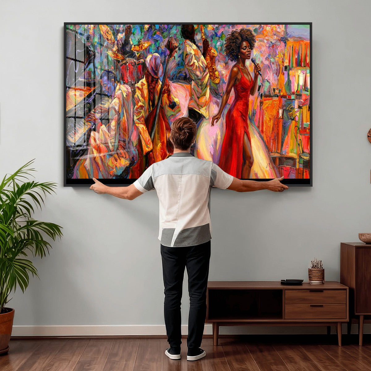 African American Jazz Singer Canvas Art — Red Dress Black