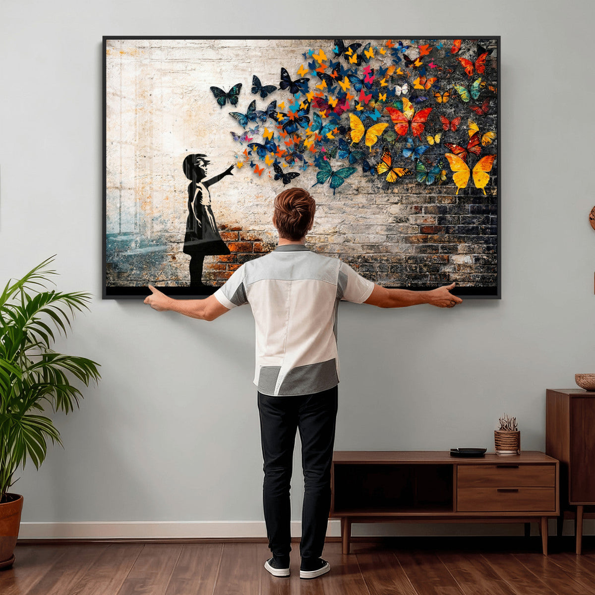 Banksy Graffiti Butterfly Girl Wall Art Canvas Print, Framed