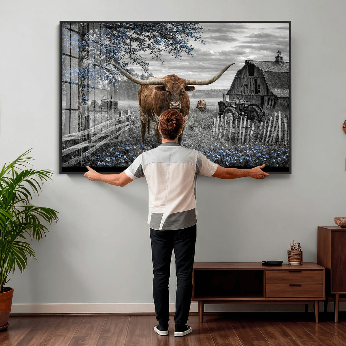 Texas Longhorn Canvas Wall Art, Rustic Farm Barn Bluebonnet