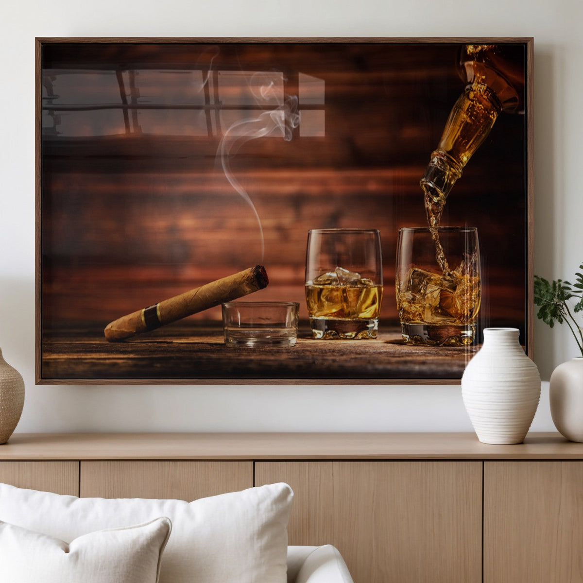 Whiskey and Cigar Wall Art Canvas | 3 Panel Bar Room Decor