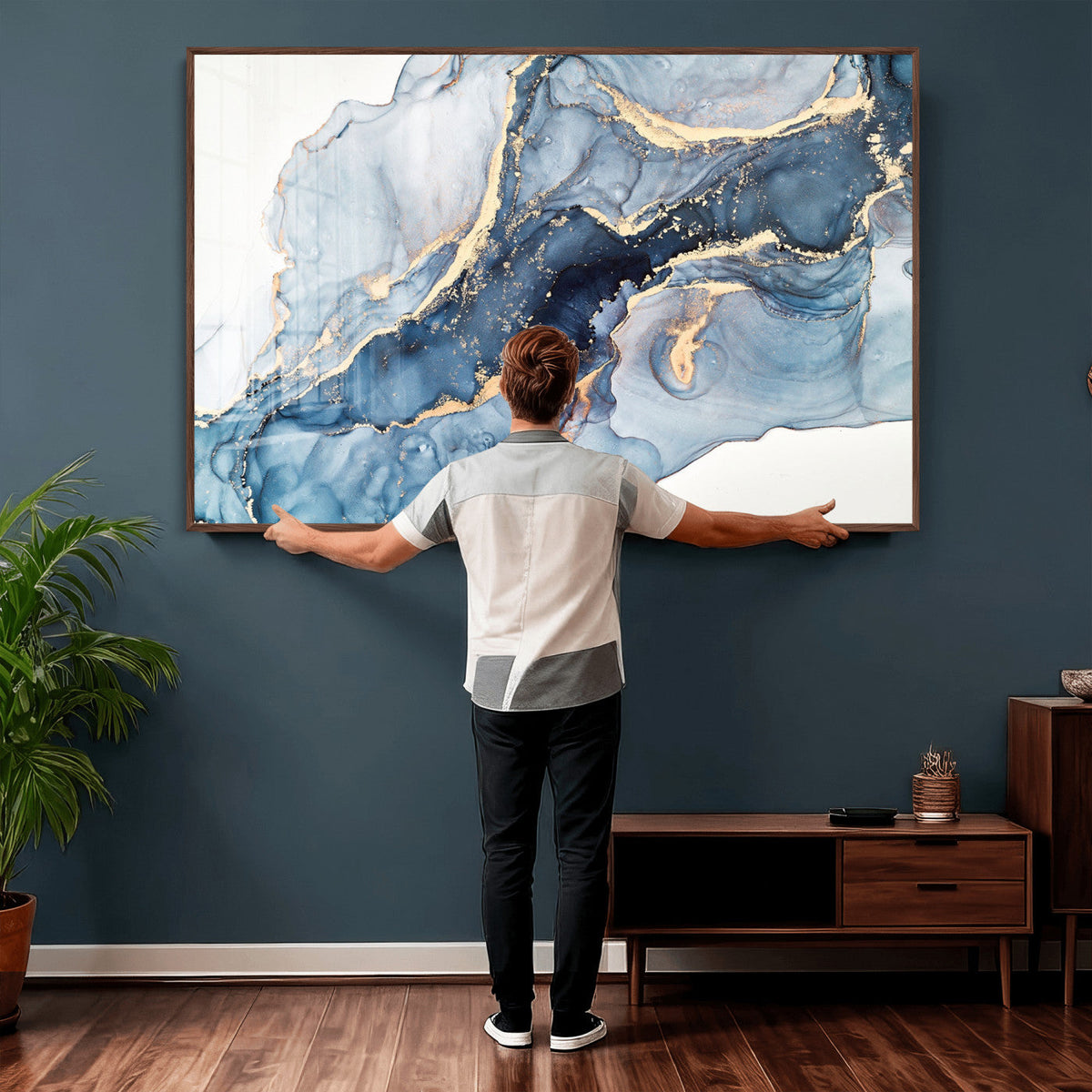 Blue Abstract Canvas Wall Art Print | Fluid Marble Effect Abstract Art