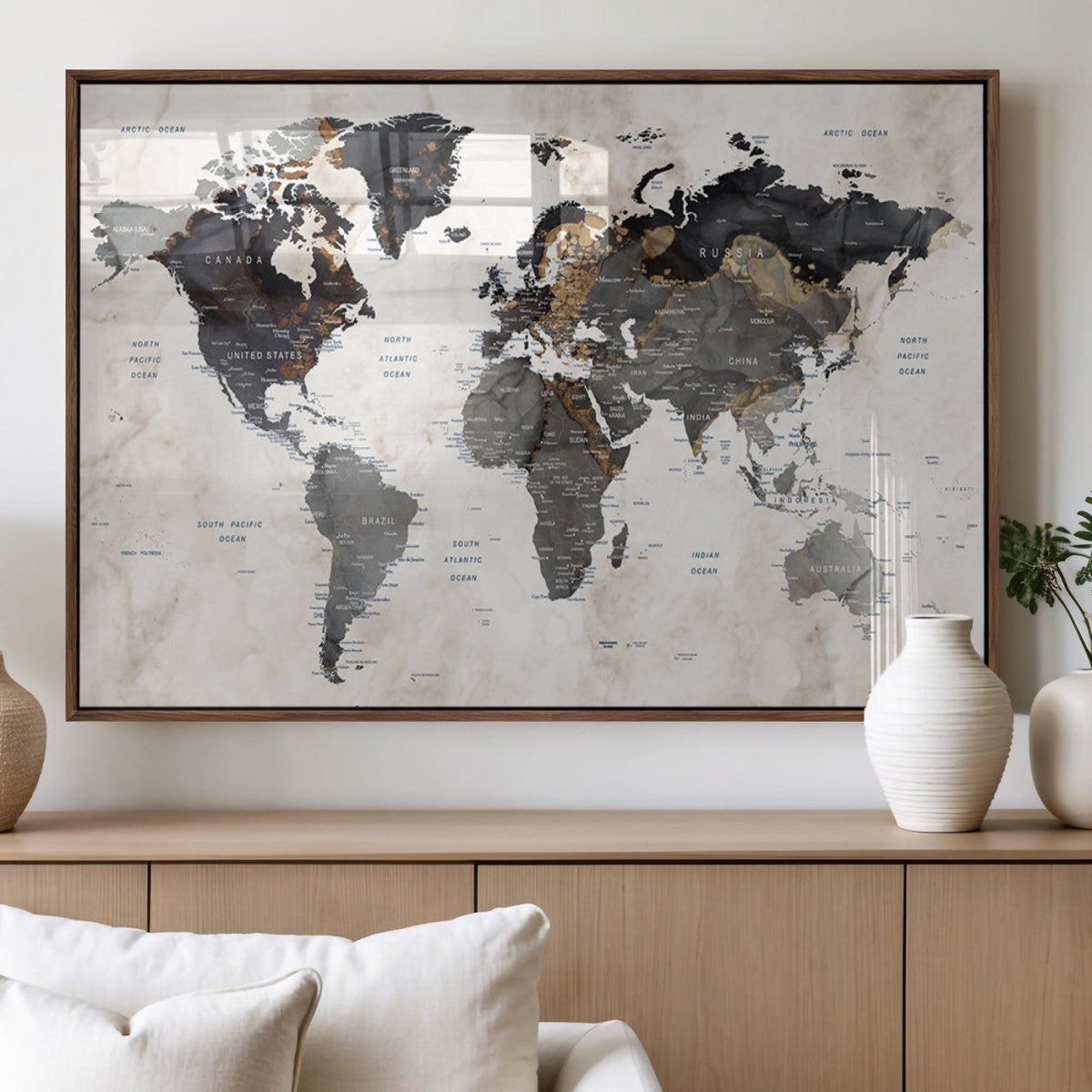 Abstract Map Printing - Modern World Map Canvas Wall Art for