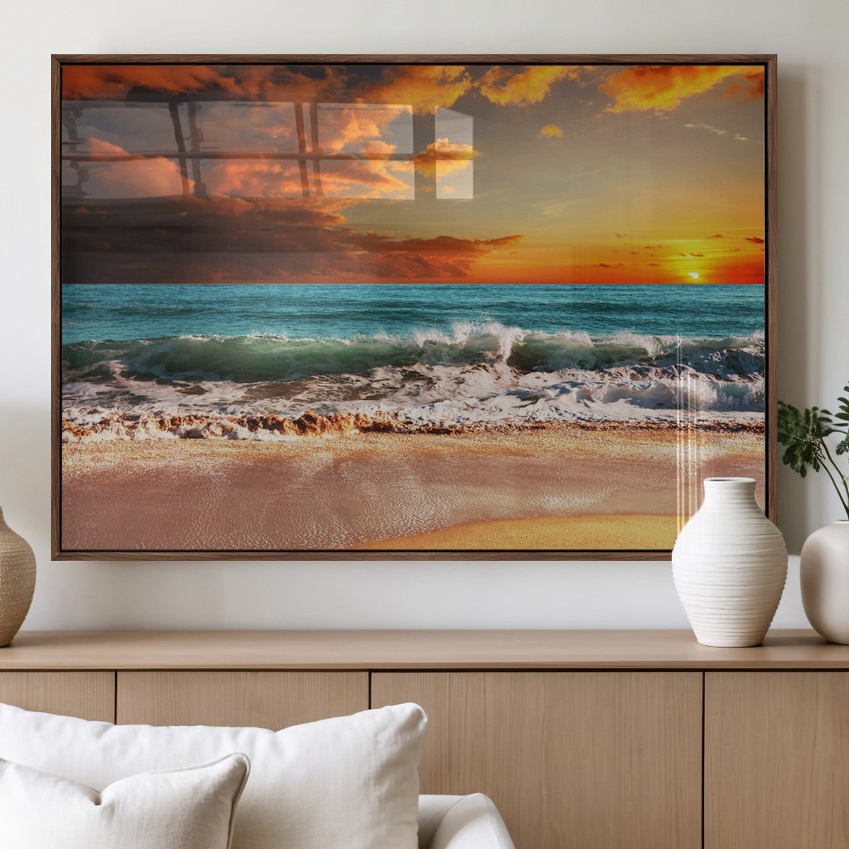 Golden Sunset Beach Canvas Wall Art – Triptych Seascape
