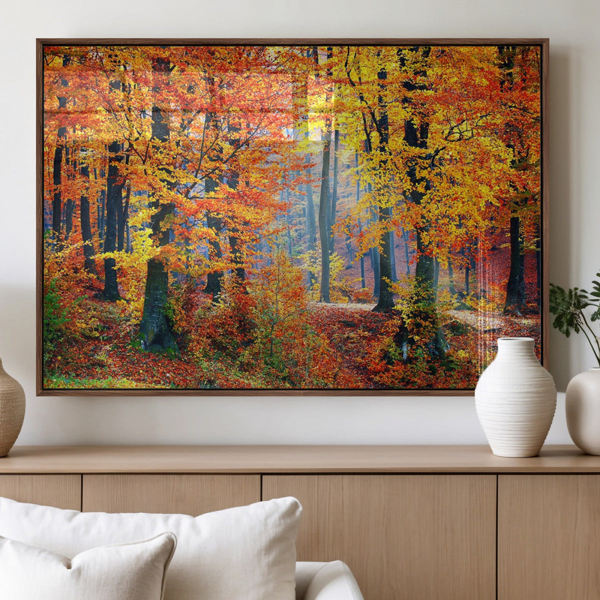 Autumn Red Forest Triptych Canvas Wall Art Print, Forest