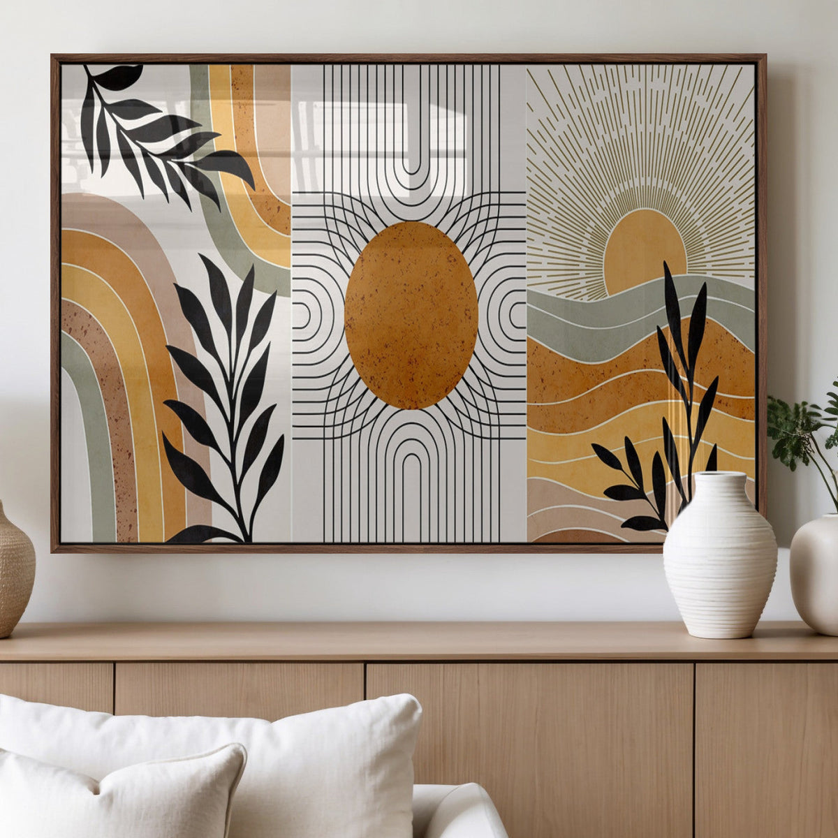 Modern Boho Sun and Leaf Abstract Art – 3-Panel Giclée