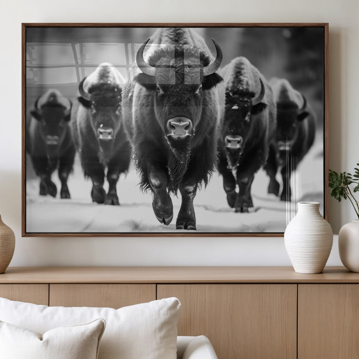 American Bison Art | Buffalo Herd Wall Art Canvas Print, BW