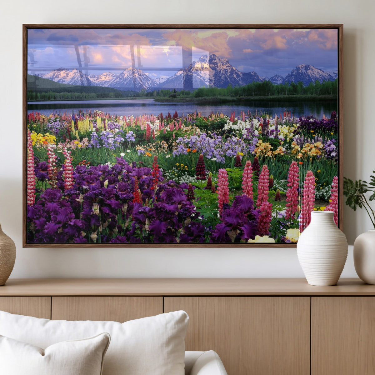 Vibrant Wildflower Garden and Mountain View Giclee Canvas
