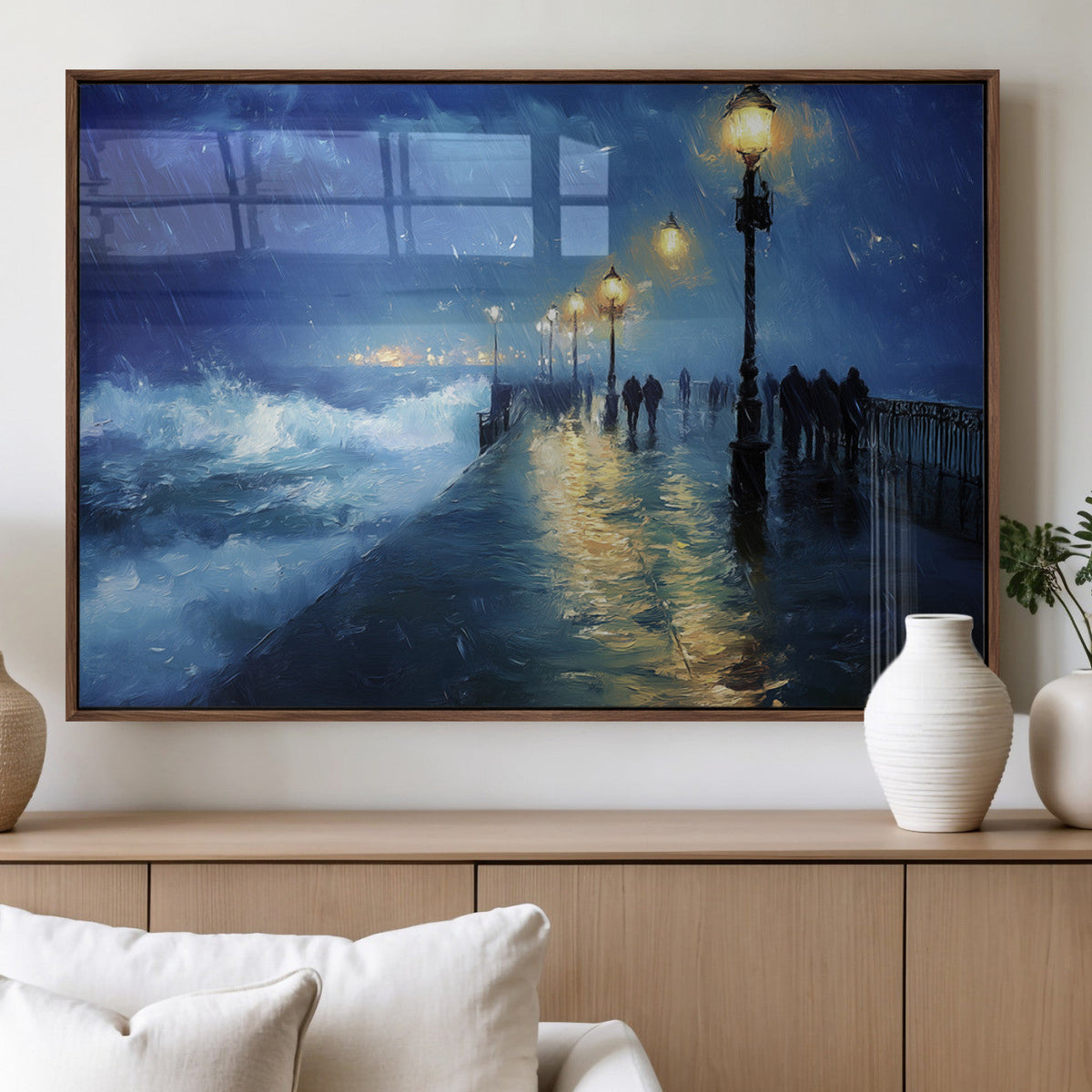 Storm Ocean Pier Canvas Wall Art Print - Large Moody Night