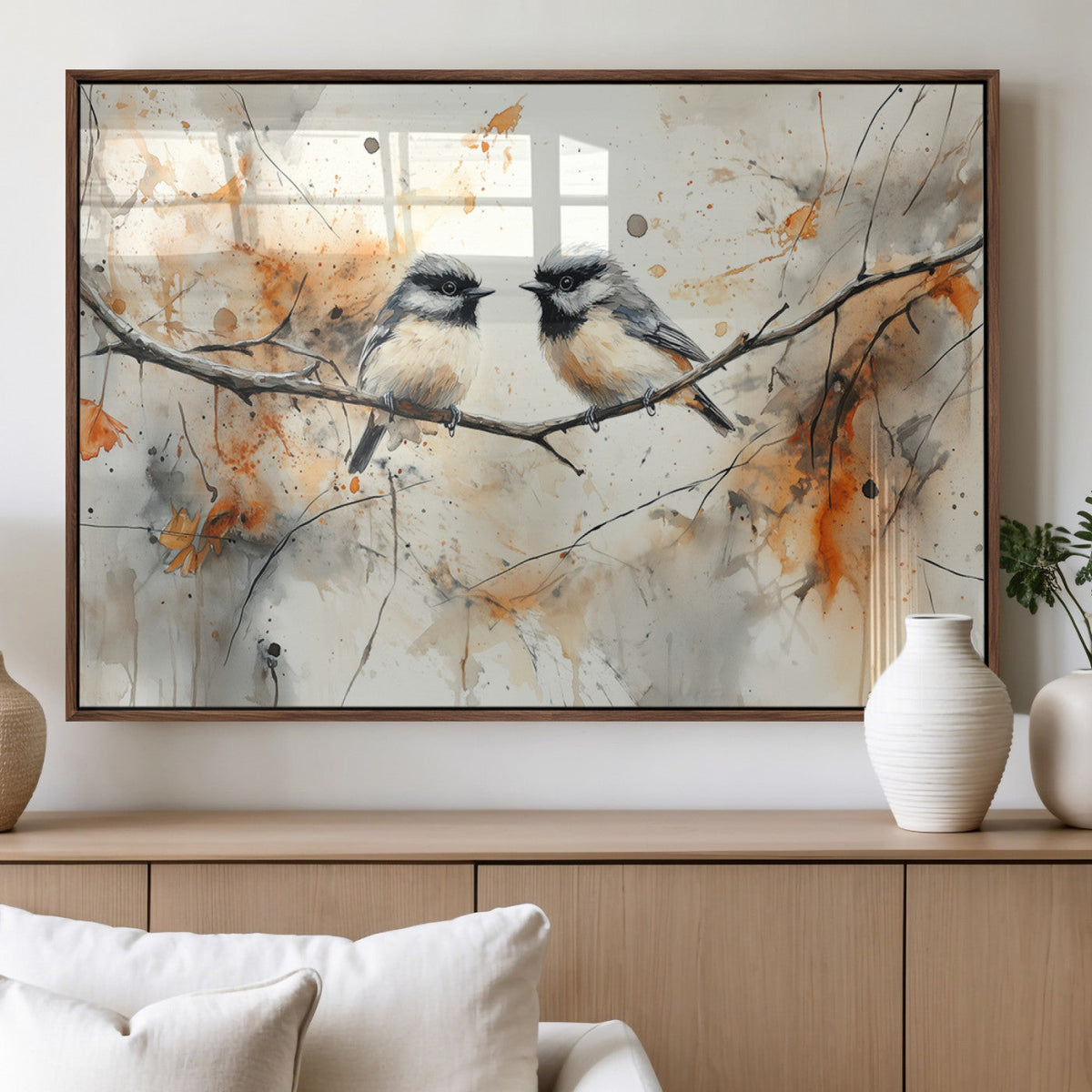 Abstract Watercolor Chickadee Bird Canvas Wall Art Print -