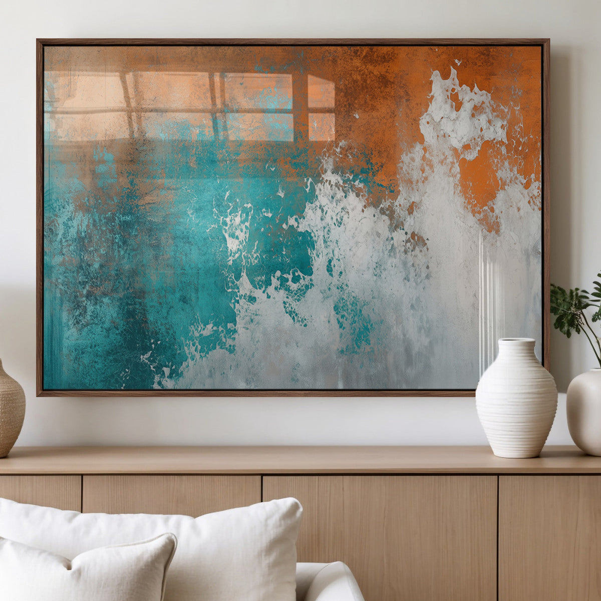 Vintage Abstract Print - Bold Teal and Orange Canvas Wall