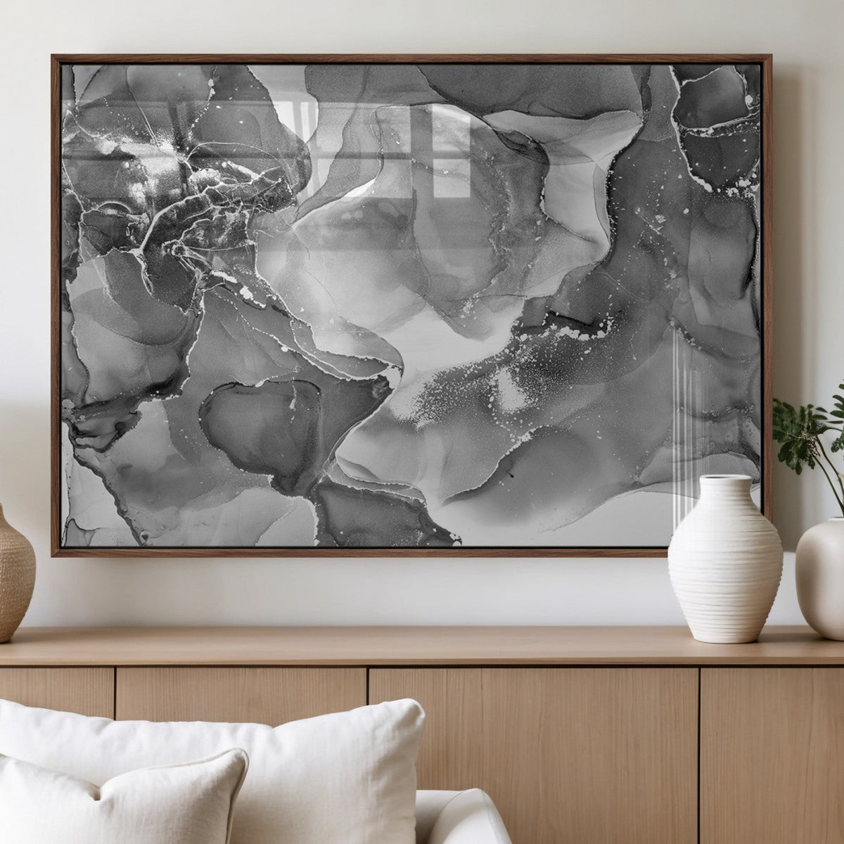Black White Abstract Canvas Wall Art - Fluid Ink Artwork -