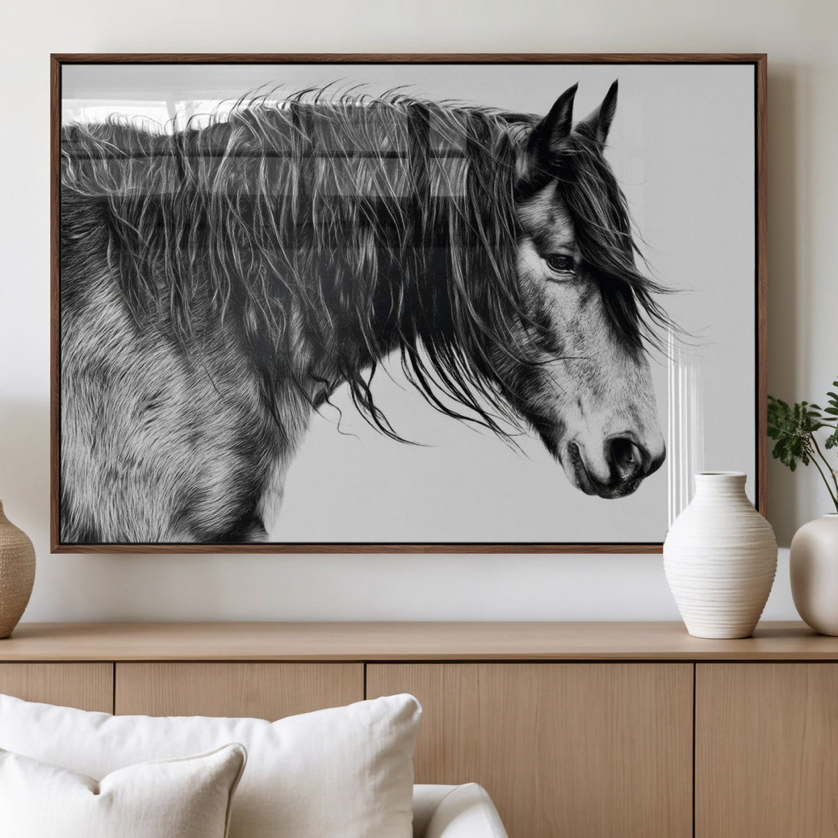 Majestic Horse Wall Art – Framed Black White Portrait Canvas
