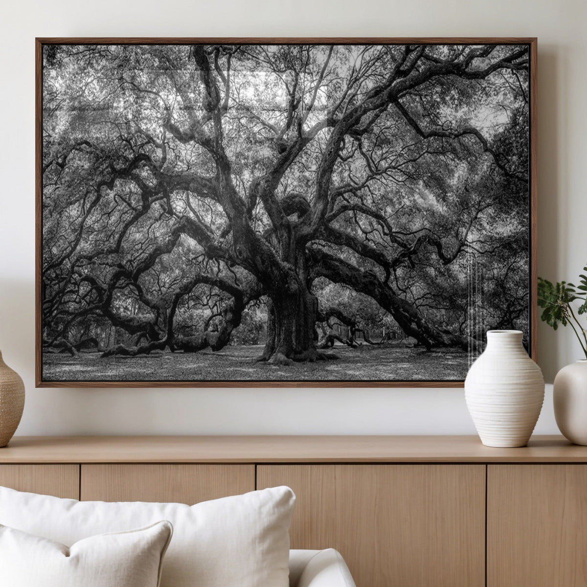 Black and White Old Angel Oak Tree Wall Art Canvas Print