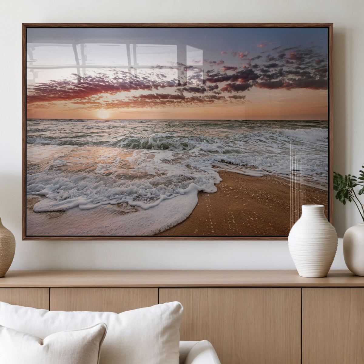 Ocean Sunset Wall Art Canvas Print – Framed Sandy Shore
