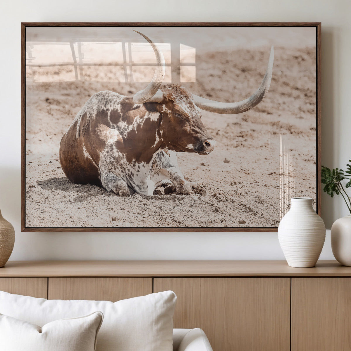 Texas Longhorn Wall Art Canvas Print – Framed Resting Bull