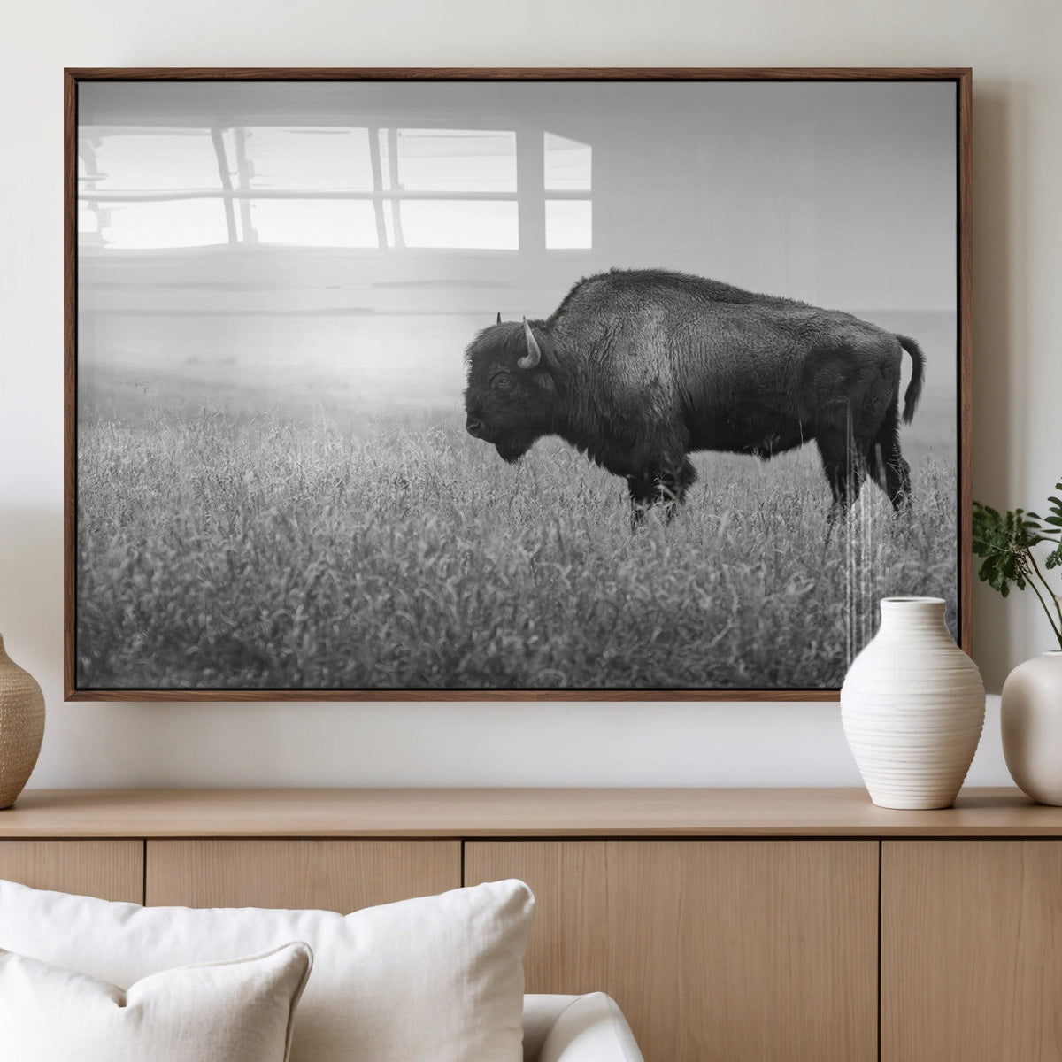 Bison in Prairie Wall Art Canvas Print – Framed Rustic
