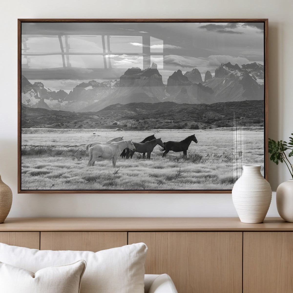 Wild Horses Wall Art Canvas Print – Framed Black and White