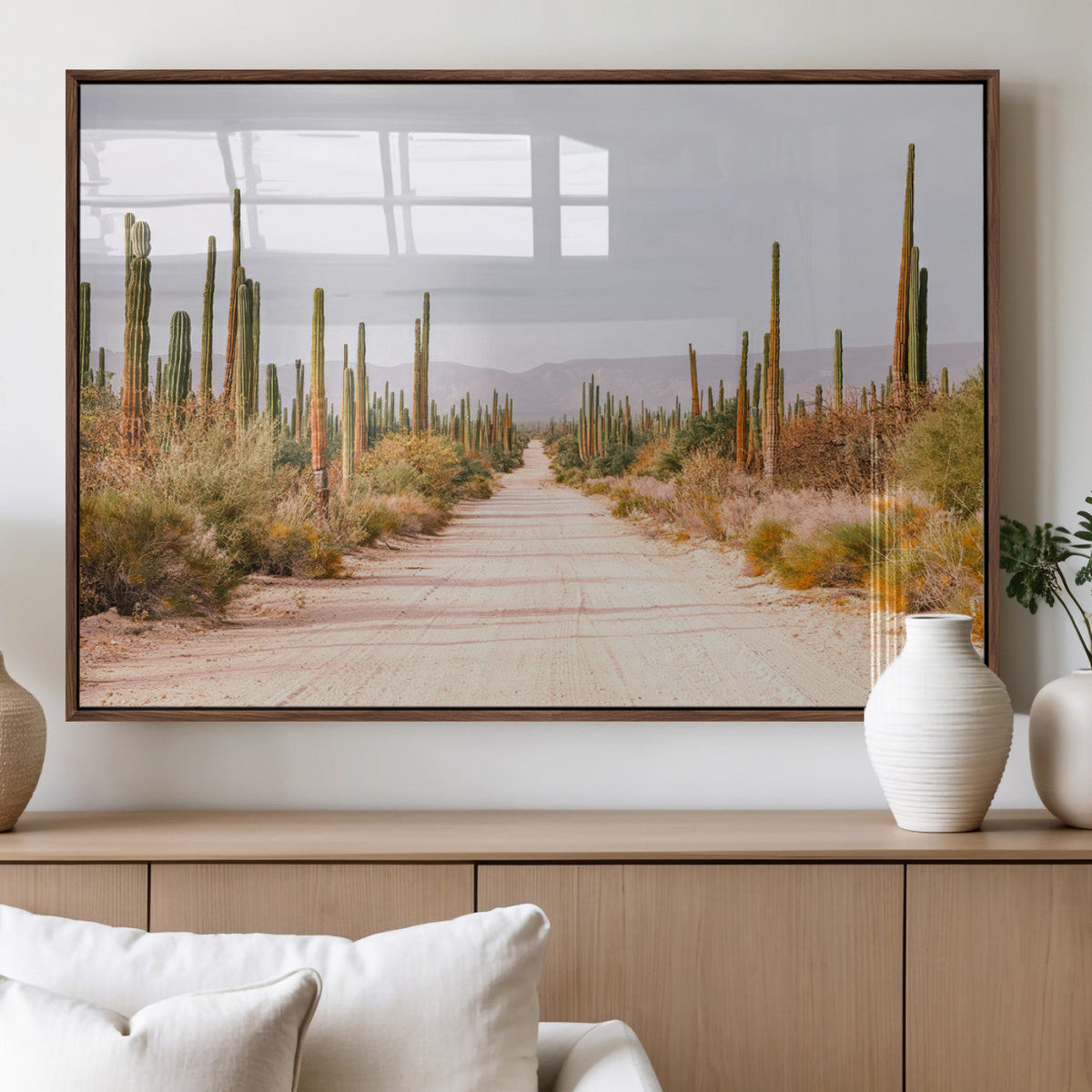 Desert Cactus Lined Road Wall Art Canvas Print – Framed