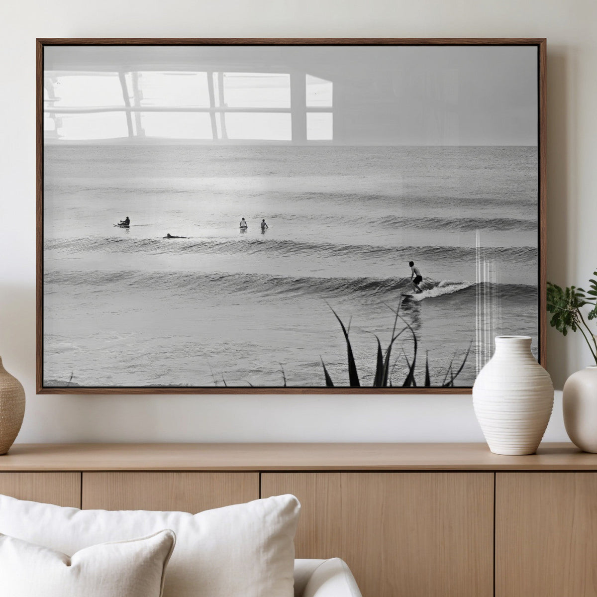 Surfer Silhouette Wall Art – Framed Calm Ocean Canvas