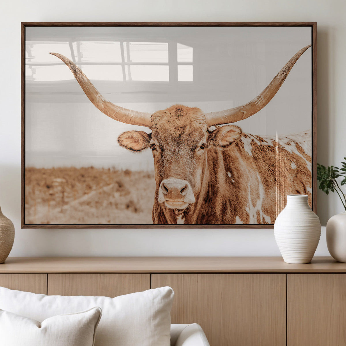 Texas Longhorn Wall Art Canvas Print – Framed Sepia Cow Art