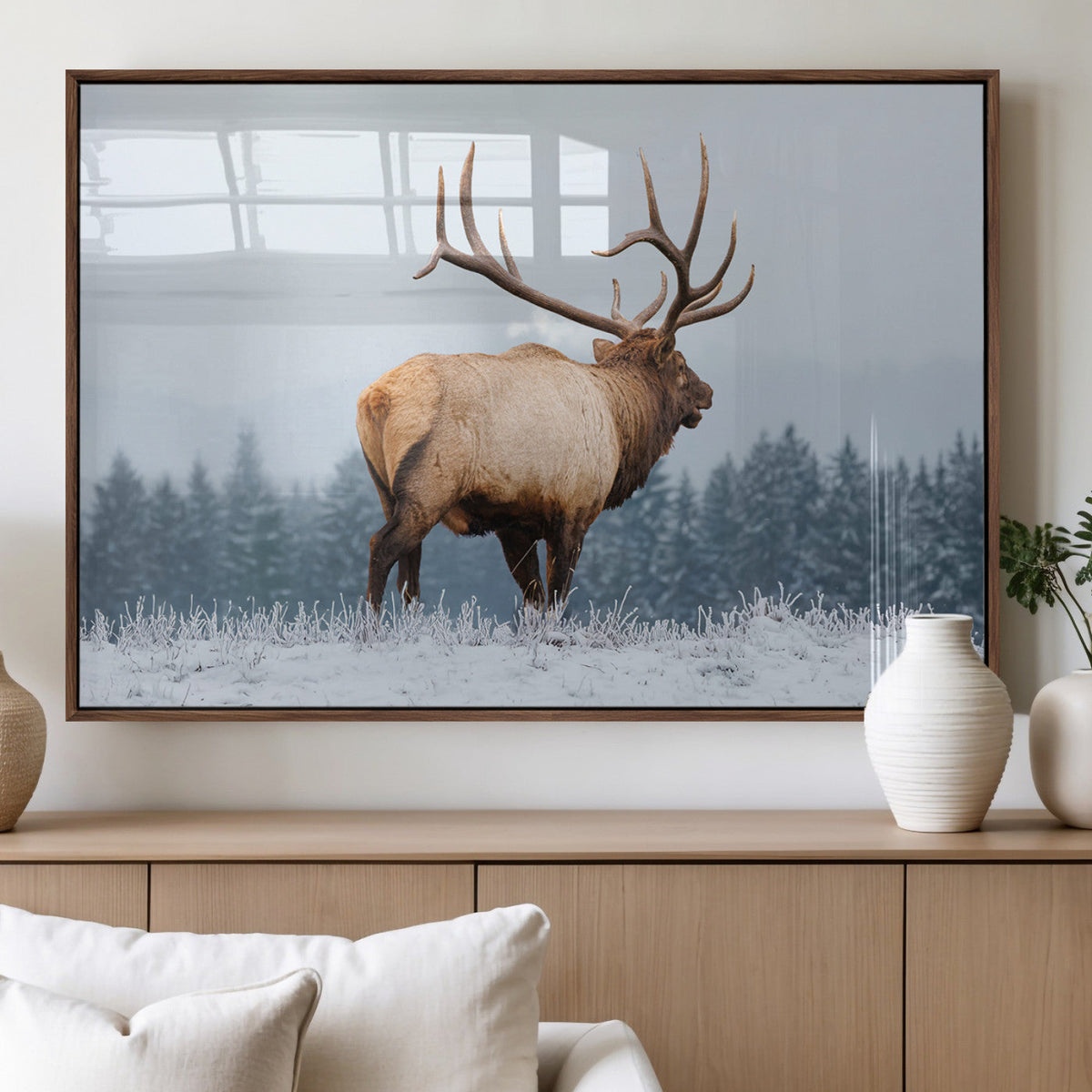 Elk Wall Art Canvas Print – Framed Snowy Forest Scene Art