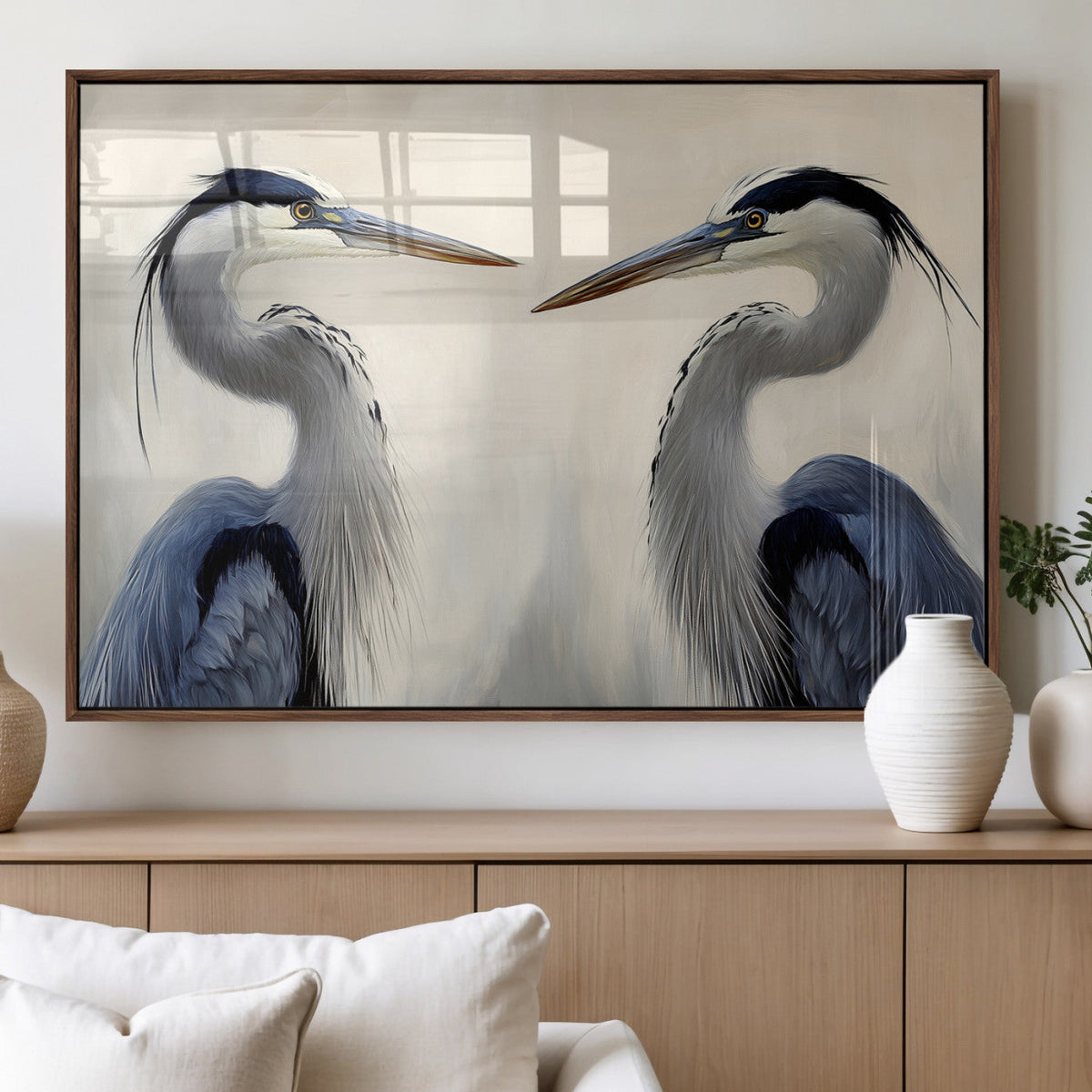 Blue Heron Pair Wall Art Canvas Print, Framed Coastal Bird