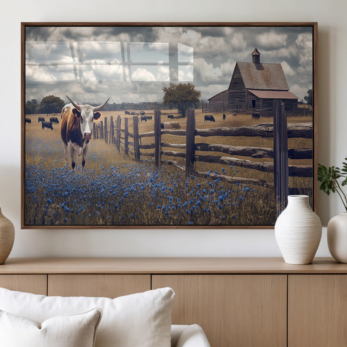 Texas Longhorn Canvas Wall Art Print – Framed Rustic Barn