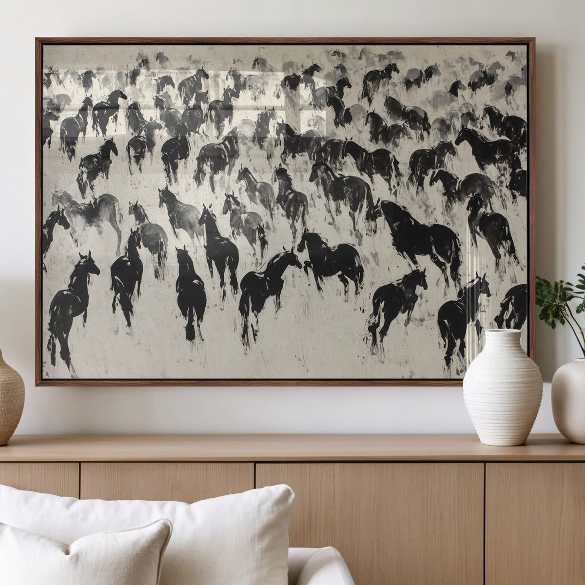Wild Horse Stampede Wall Art Canvas Print – Monochrome