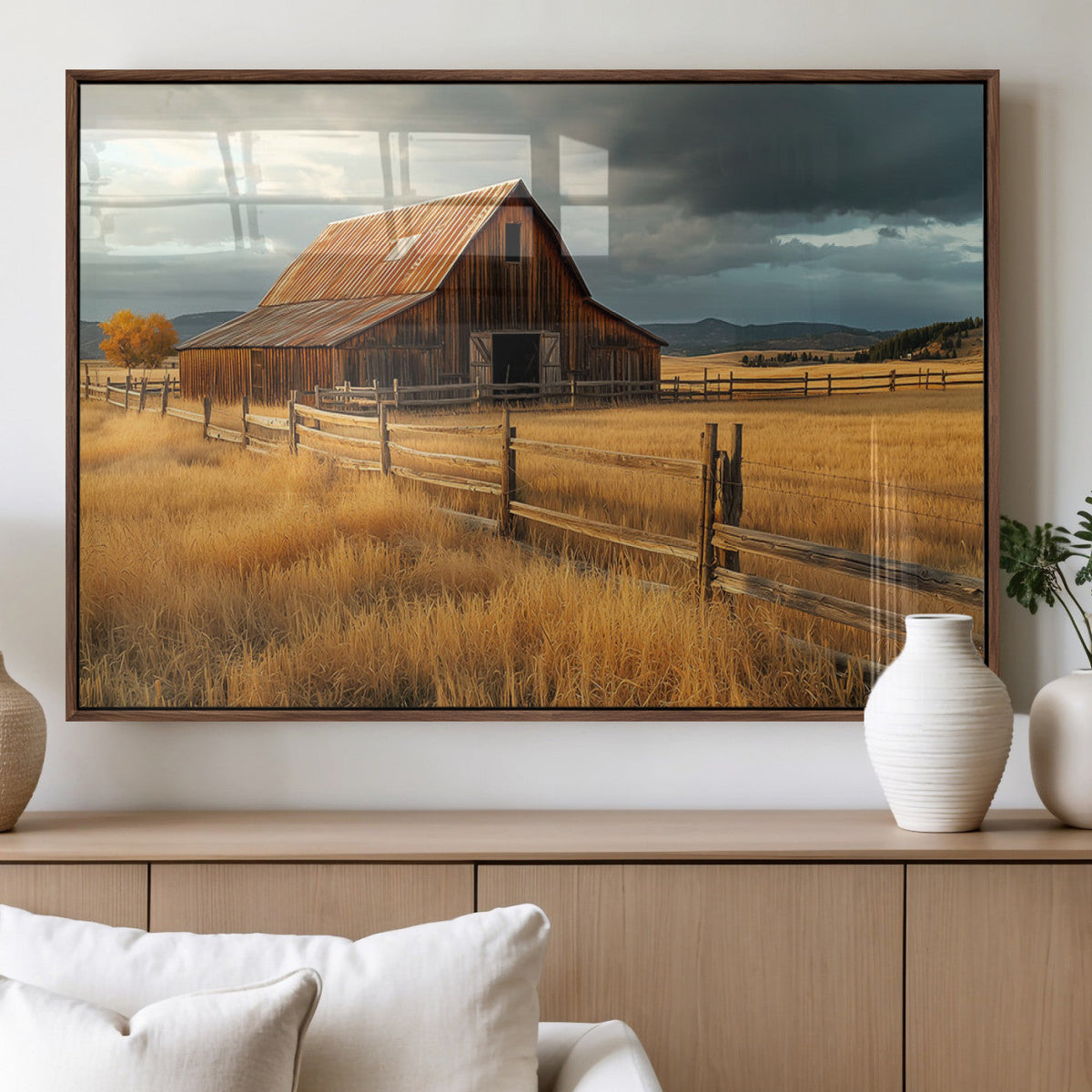 Golden Sunset Barn Wall Art Canvas Print, Rustic Autumn Farm