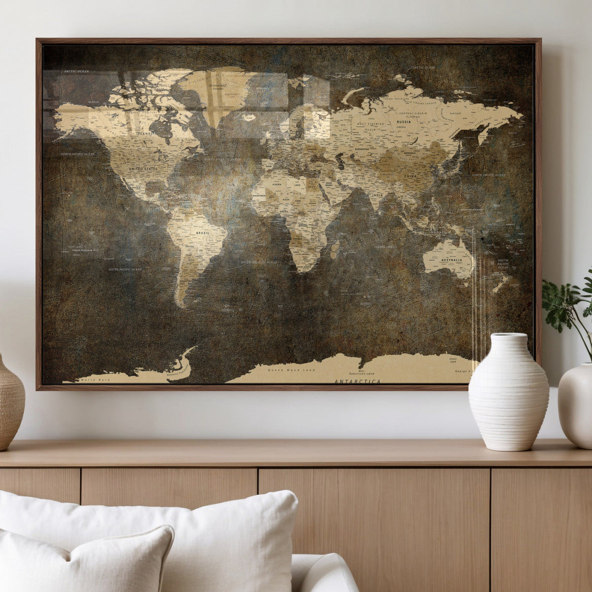 Large Framed Vintage World Map Wall Art Print for Home Wall