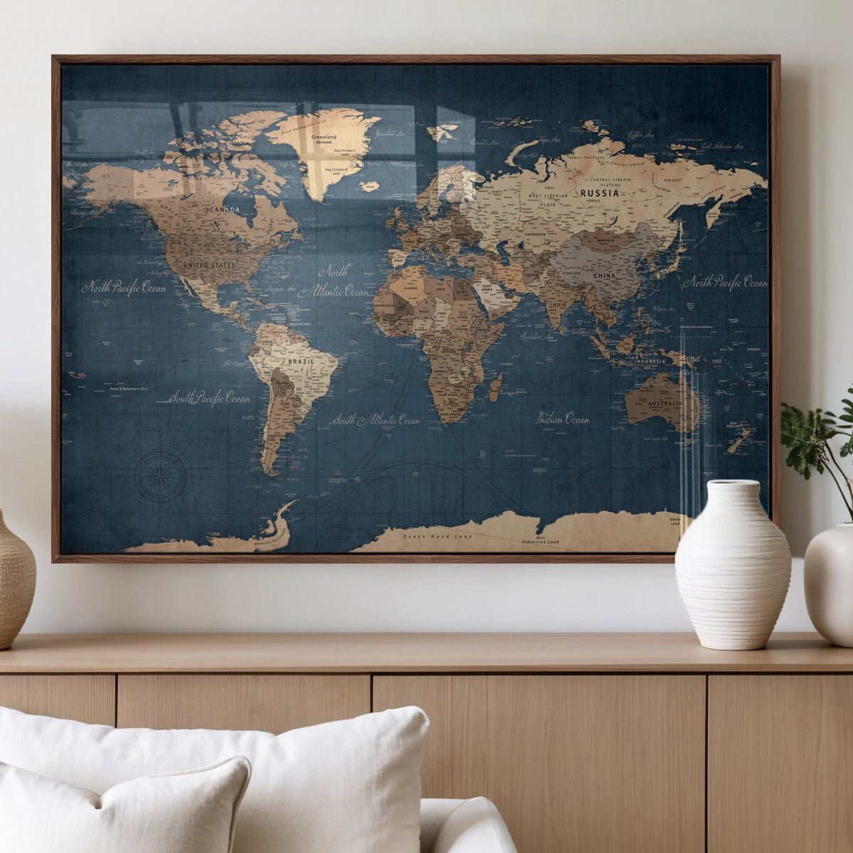 Navy Blue World Map Canvas Print – Framed Travel Map Wall