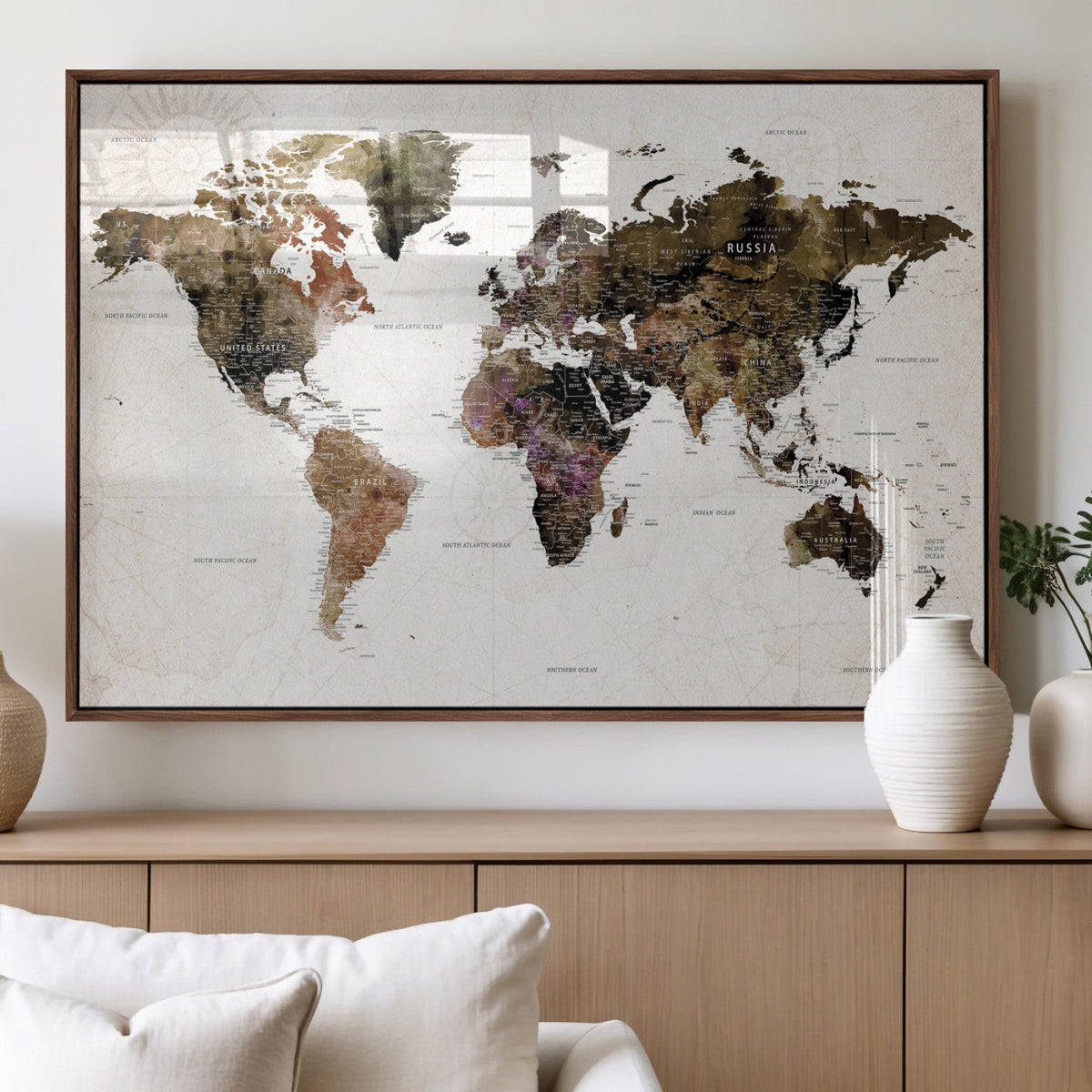 Watercolor World Map Print - Large Wall Art Canvas Print for