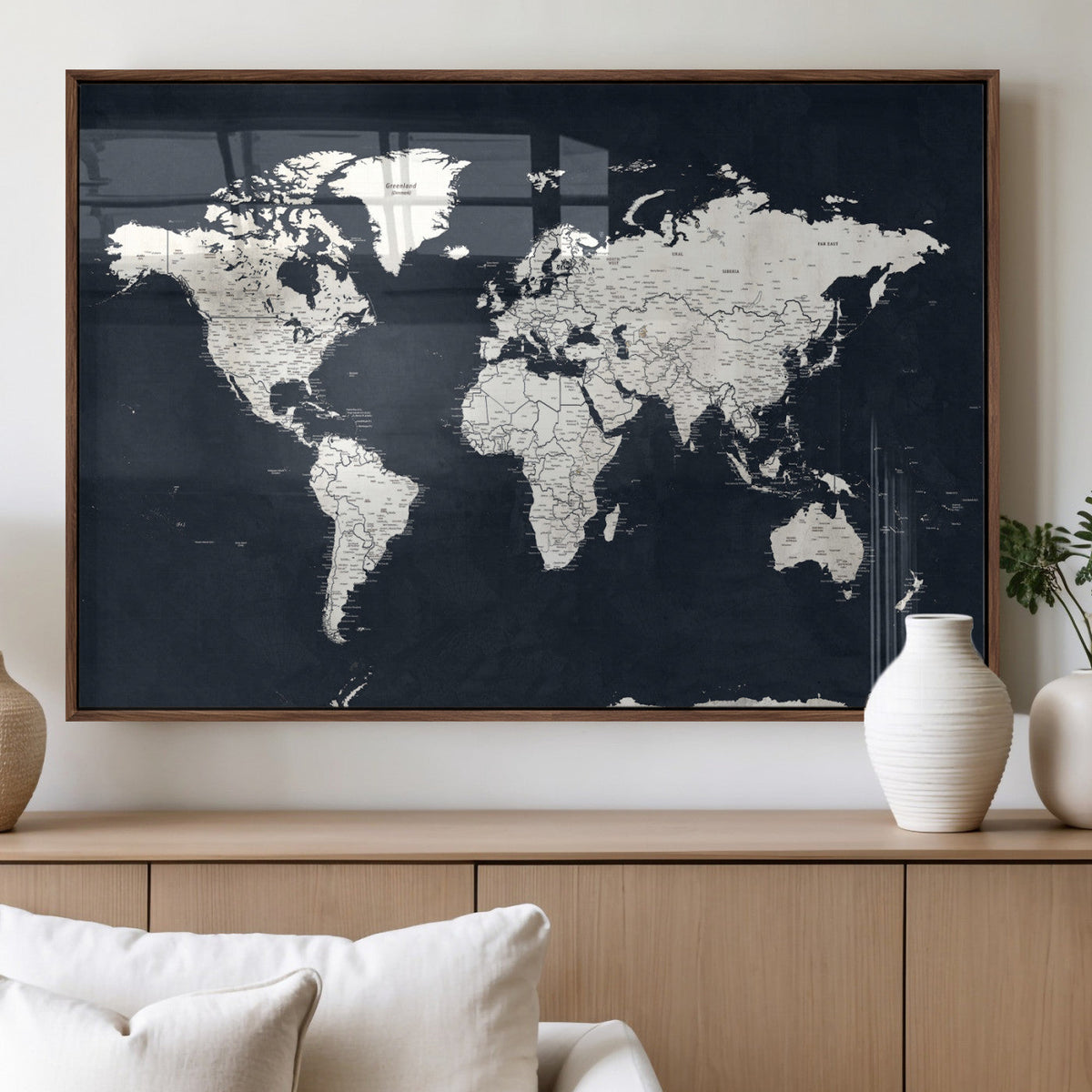 Black World Map Wall Art Canvas Print for Home Office and