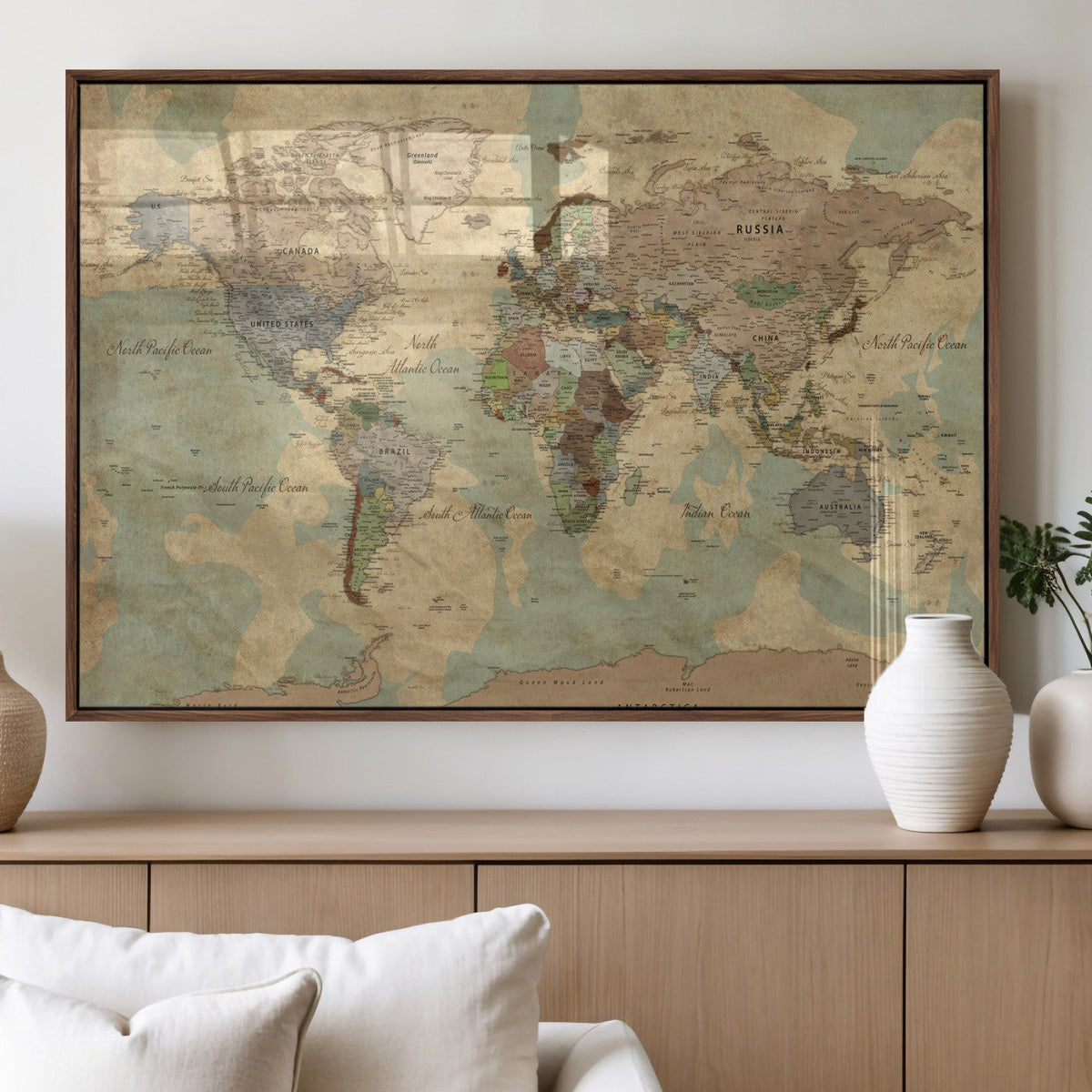 Vintage World Map Wall Art | Ready to Hang and Framed