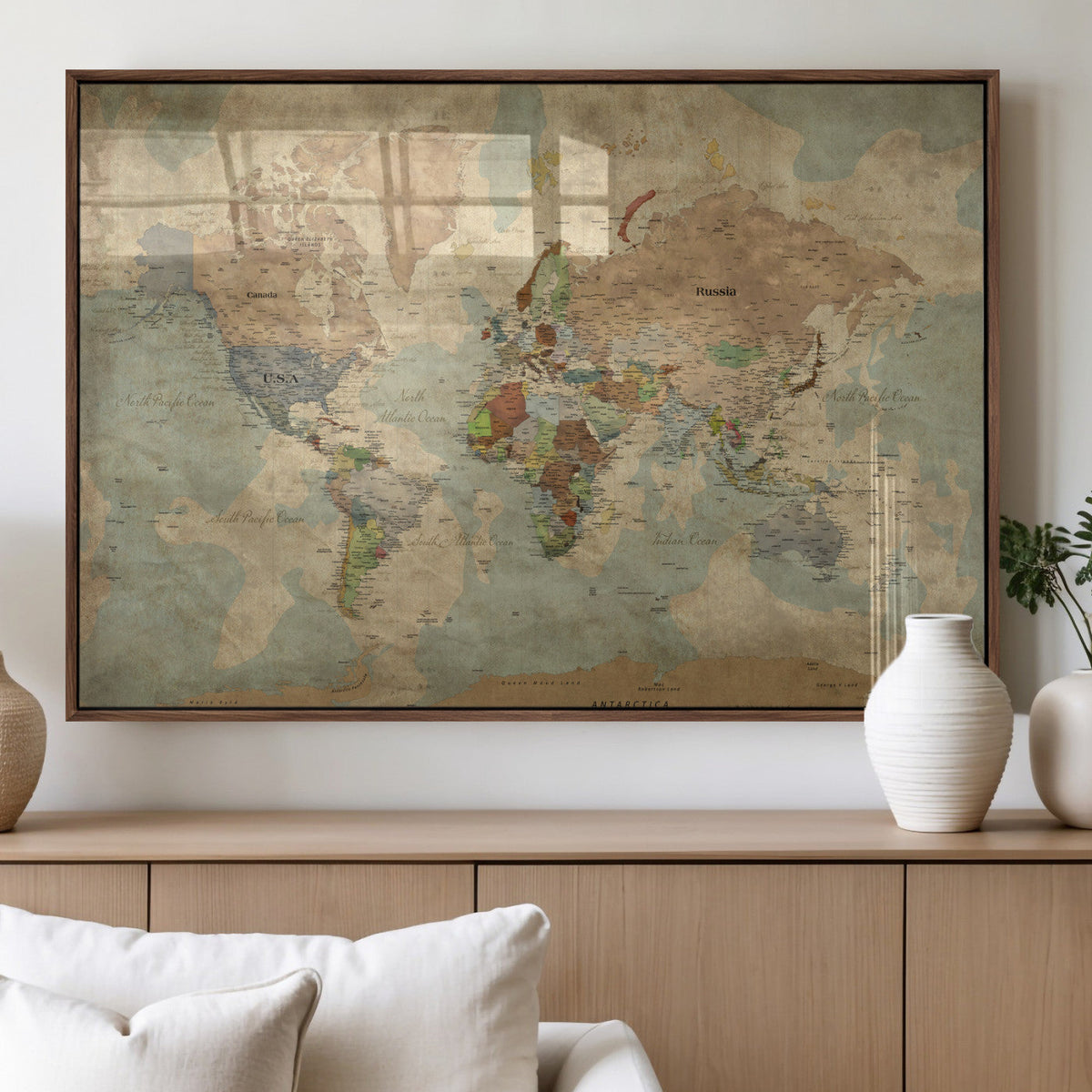 World Map Wall Art Canvas Print, Rustic Map Print, Framed