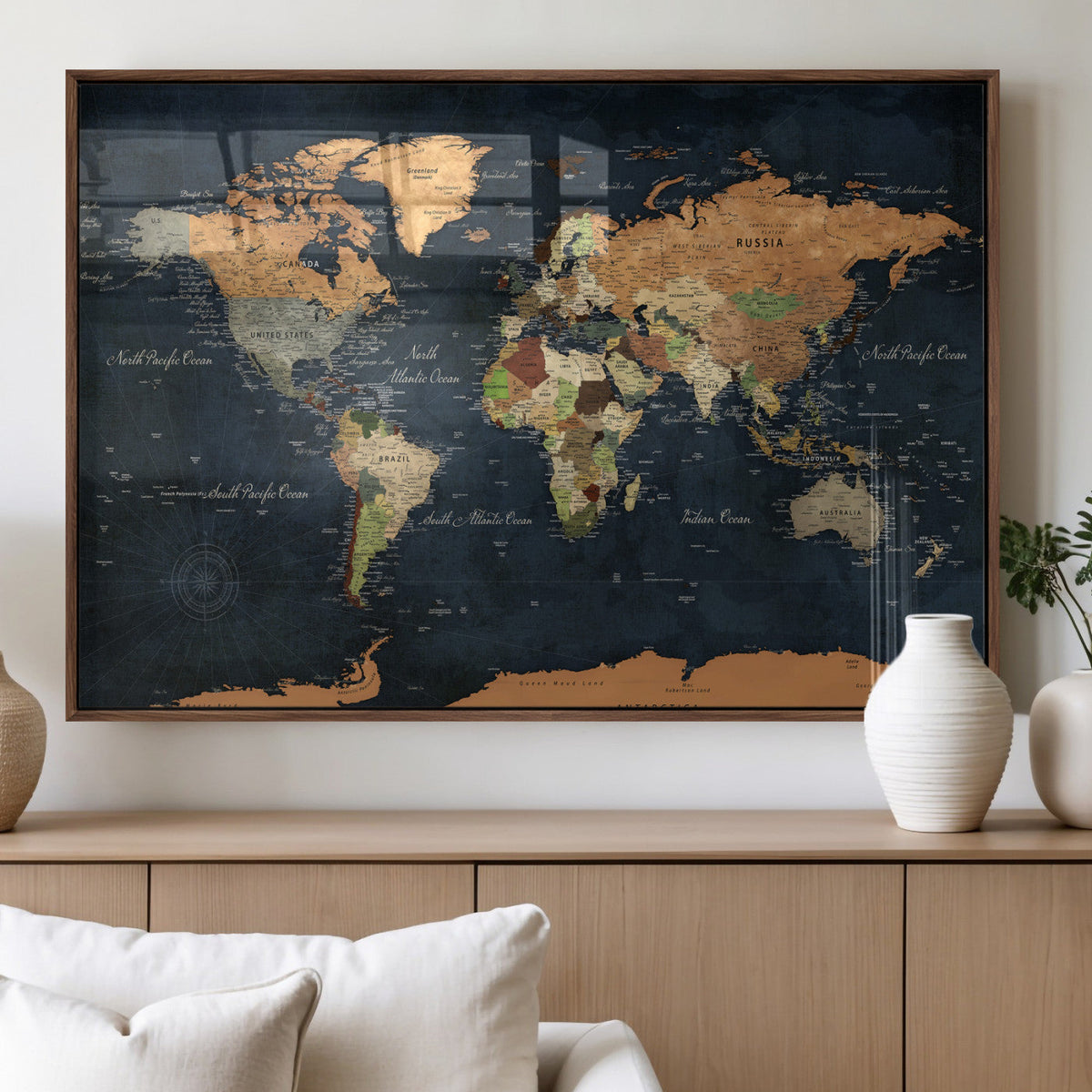 Vintage World Map Canvas Wall Art – Detailed Map with