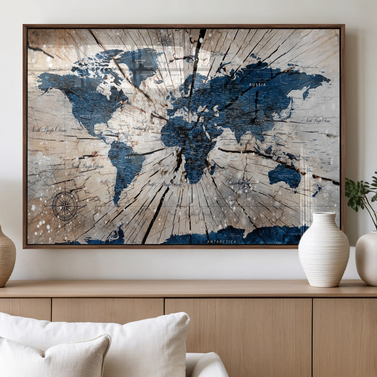 Rustic World Map Canvas Print – Framed Wall Art for Couples,